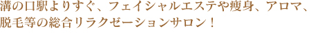 溝の口駅よりすぐ、フェイシャルエステや痩身、アロマ、脱毛等の総合リラクゼーションサロン！